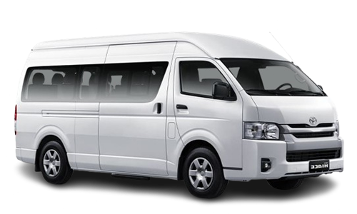 Foto Toyota Hiace Commuter putih, minibus untuk sewa rombongan 14 penumpang di Pekalongan